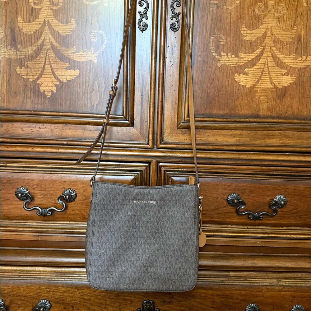 Michael Kors Brown Signature MK Tote with Tan Trim and Gold Hardware